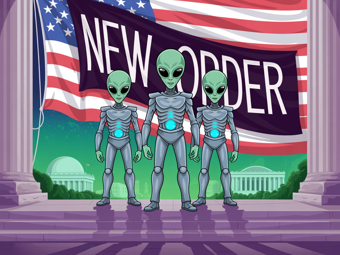 Cartoonish aliens with silver bodies and a flag