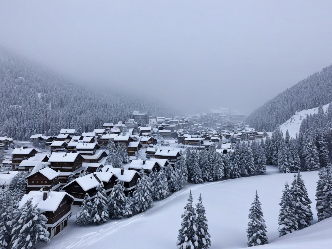 Winter Landscape of a Snowy Village with Pine Trees