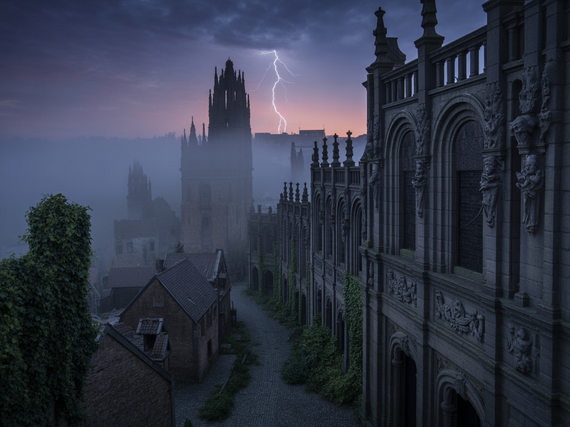 Eerie Misty Landscape with Gothic Architecture and Lightning