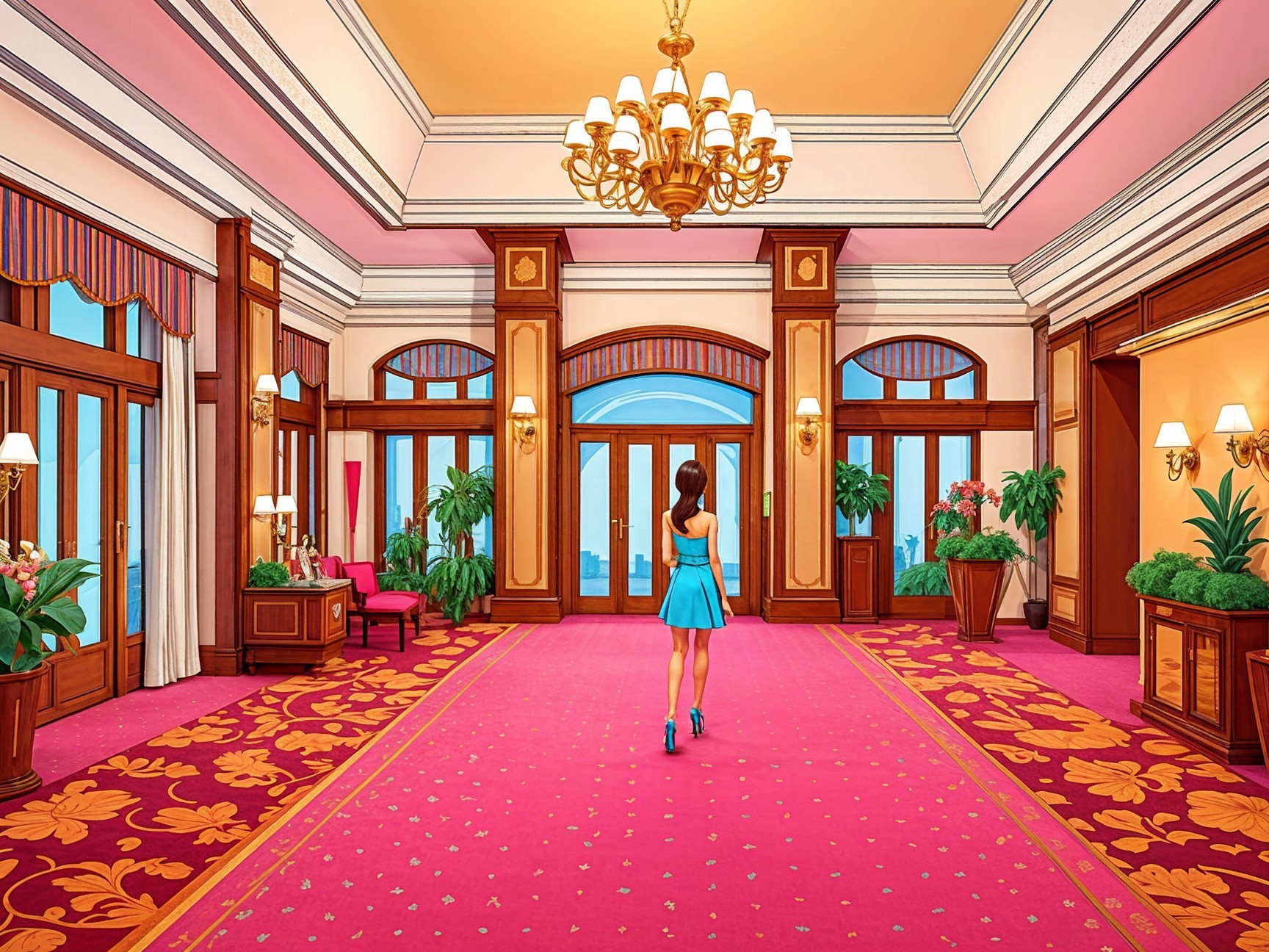 Stylish Woman in Blue Dress in Elegant Hotel Lobby