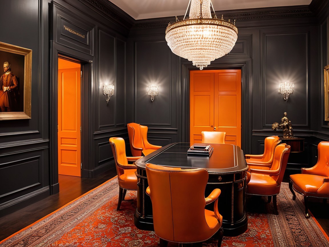 Luxurious Office with Dark Walls and Orange Accents
