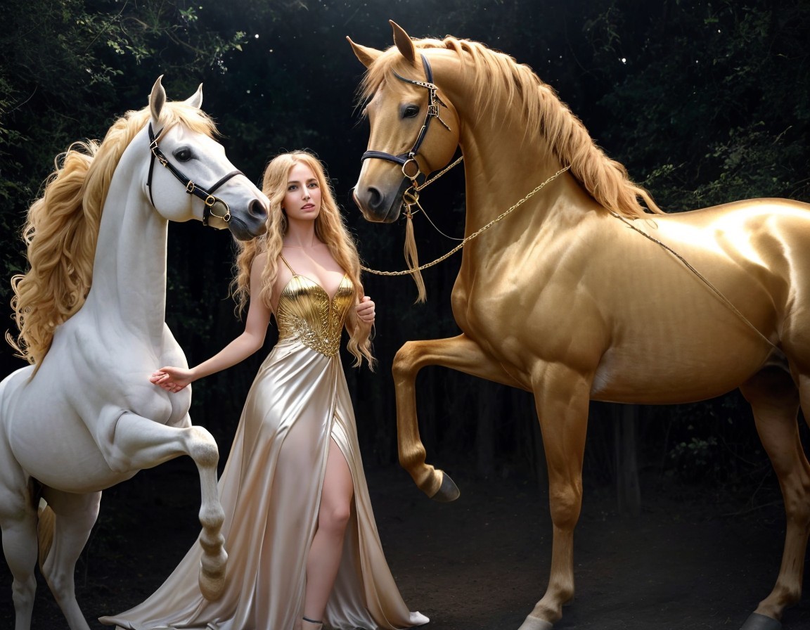 Woman in golden dress with white and palomino horses in forest.