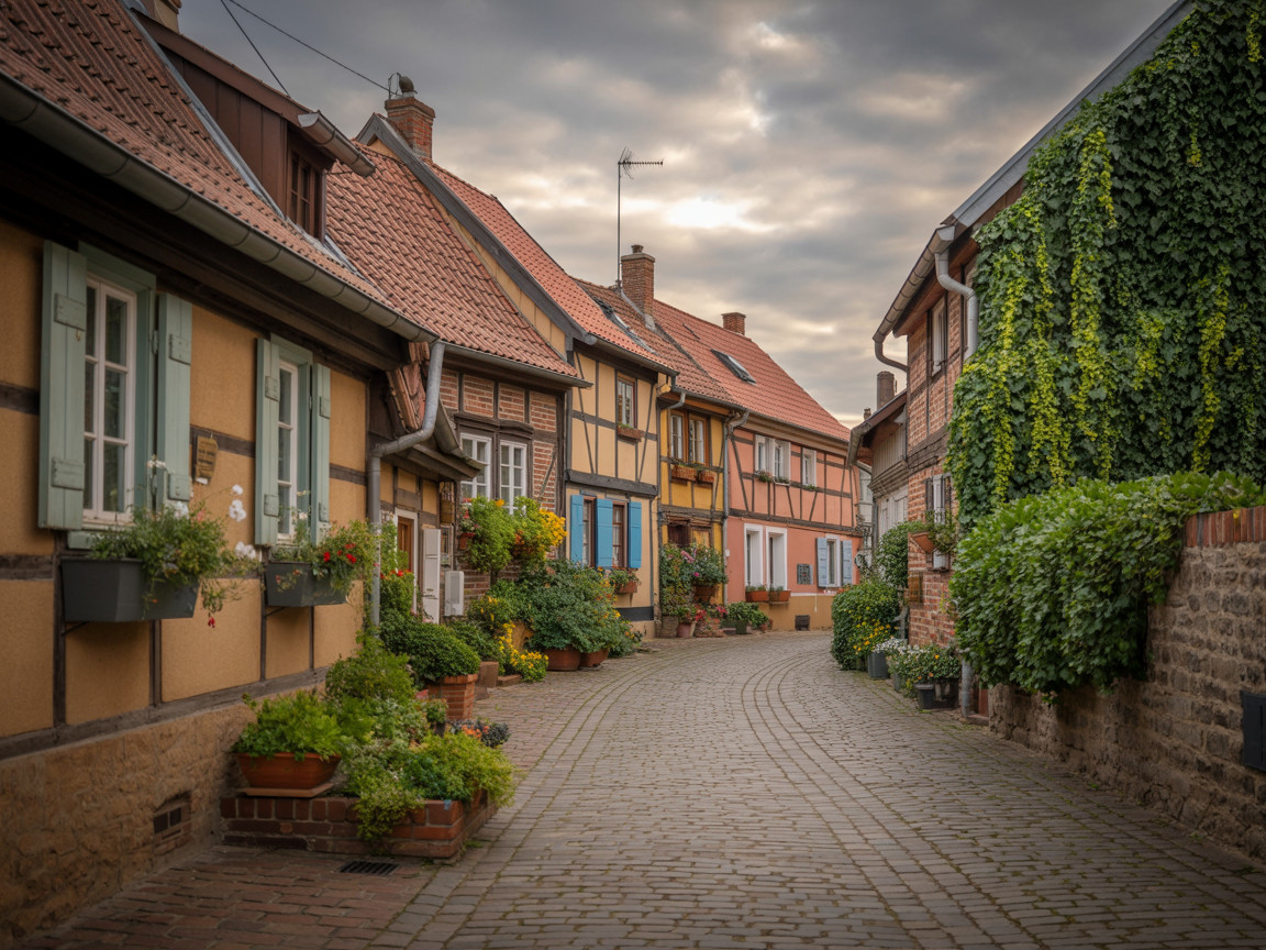 Charming Cobblestone Street with Half-Timbered Houses