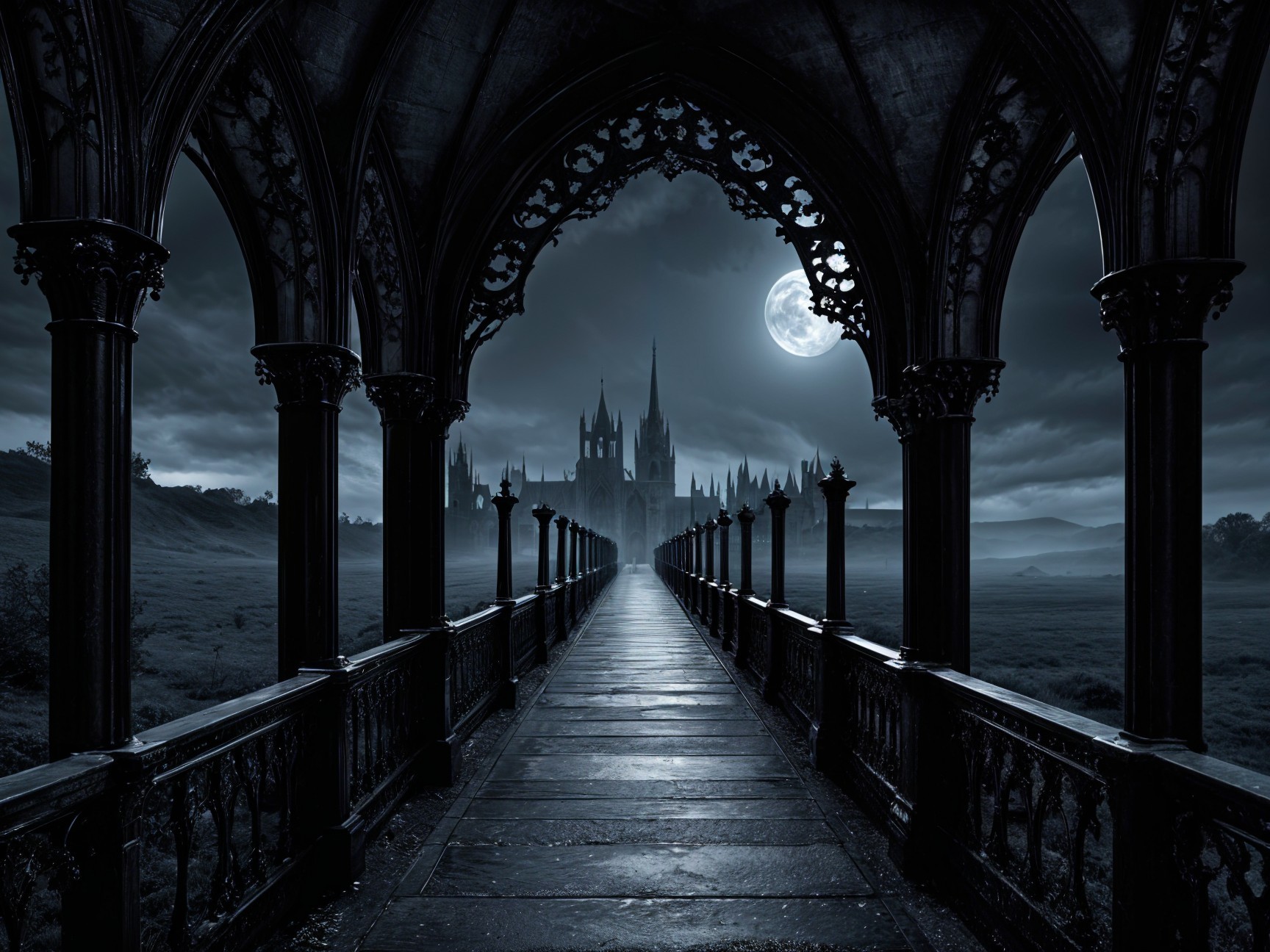 Gothic Castle Scene Under Full Moonlight Atmosphere