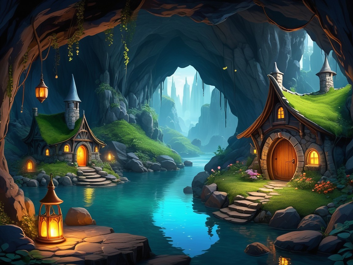 Mystical Cave Scene with Whimsical Cottages and River