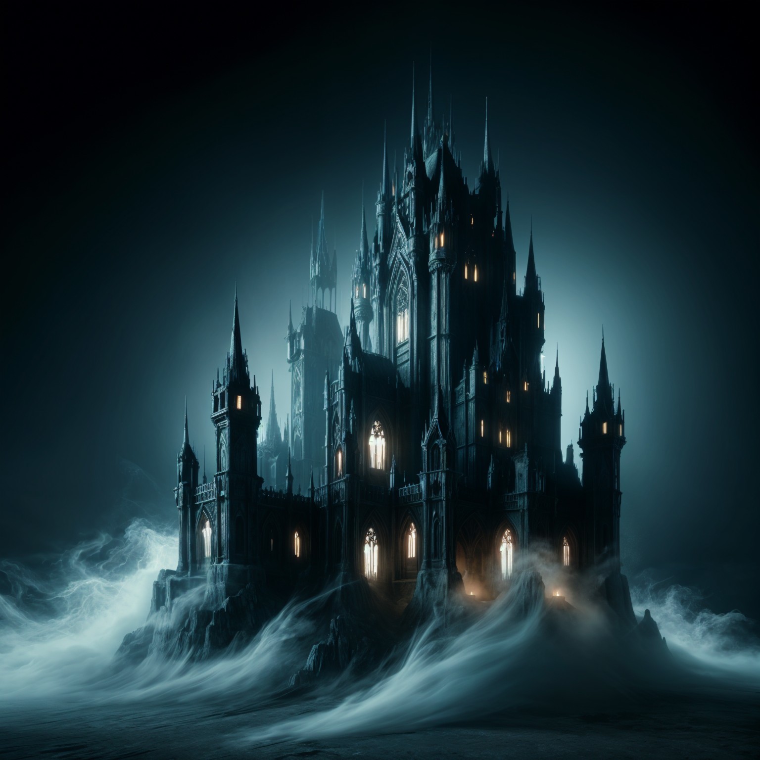 Gothic Castle Surrounded by Mist and Fog at Night