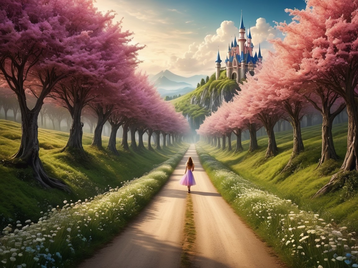 Cherry Blossom Pathway Leading to a Hilltop Castle