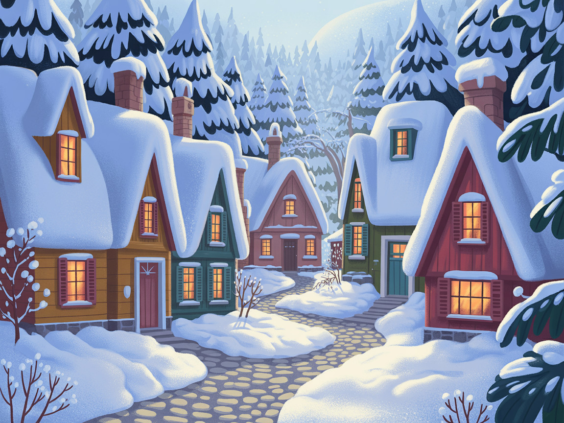 Charming Winter Cottages in a Snowy Landscape
