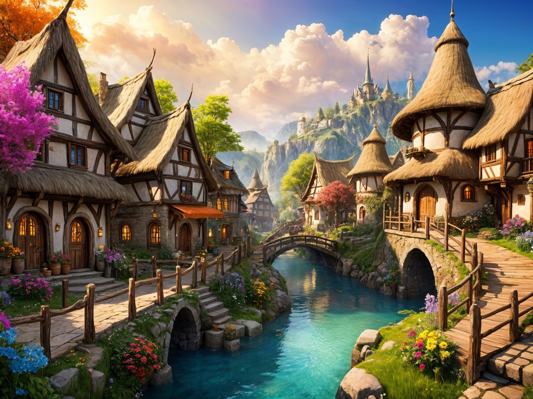 Charming Village by Serene River at Sunset