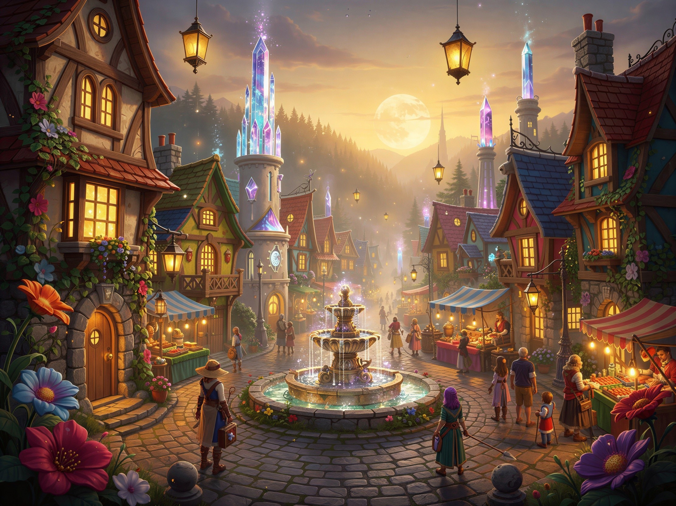 Whimsical Fairytale Village Market at Dusk