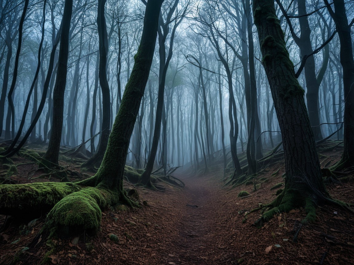 Misty Forest Scene with Slender Trees and Fog