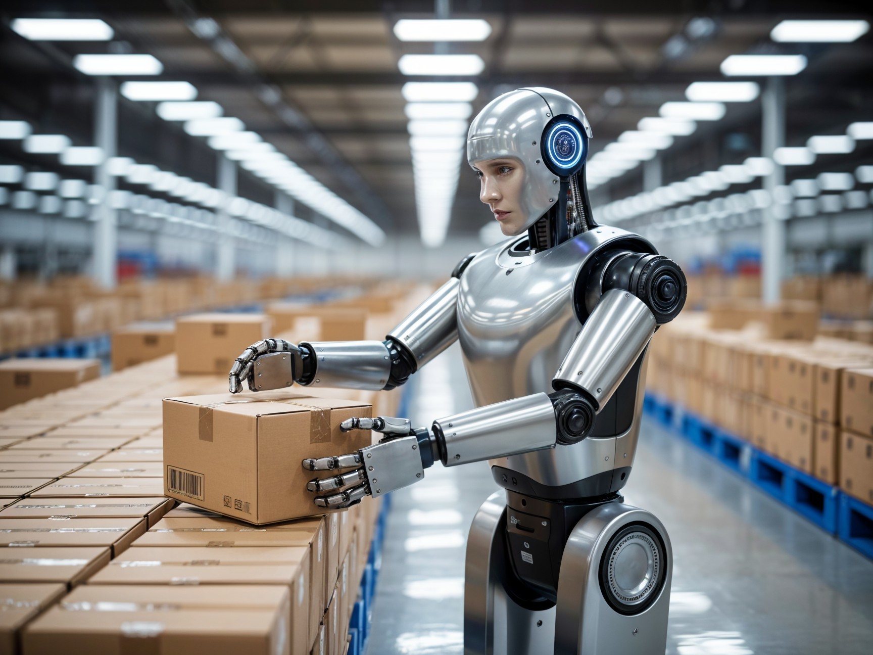 Humanoid Robot in Modern Warehouse Handling Packages