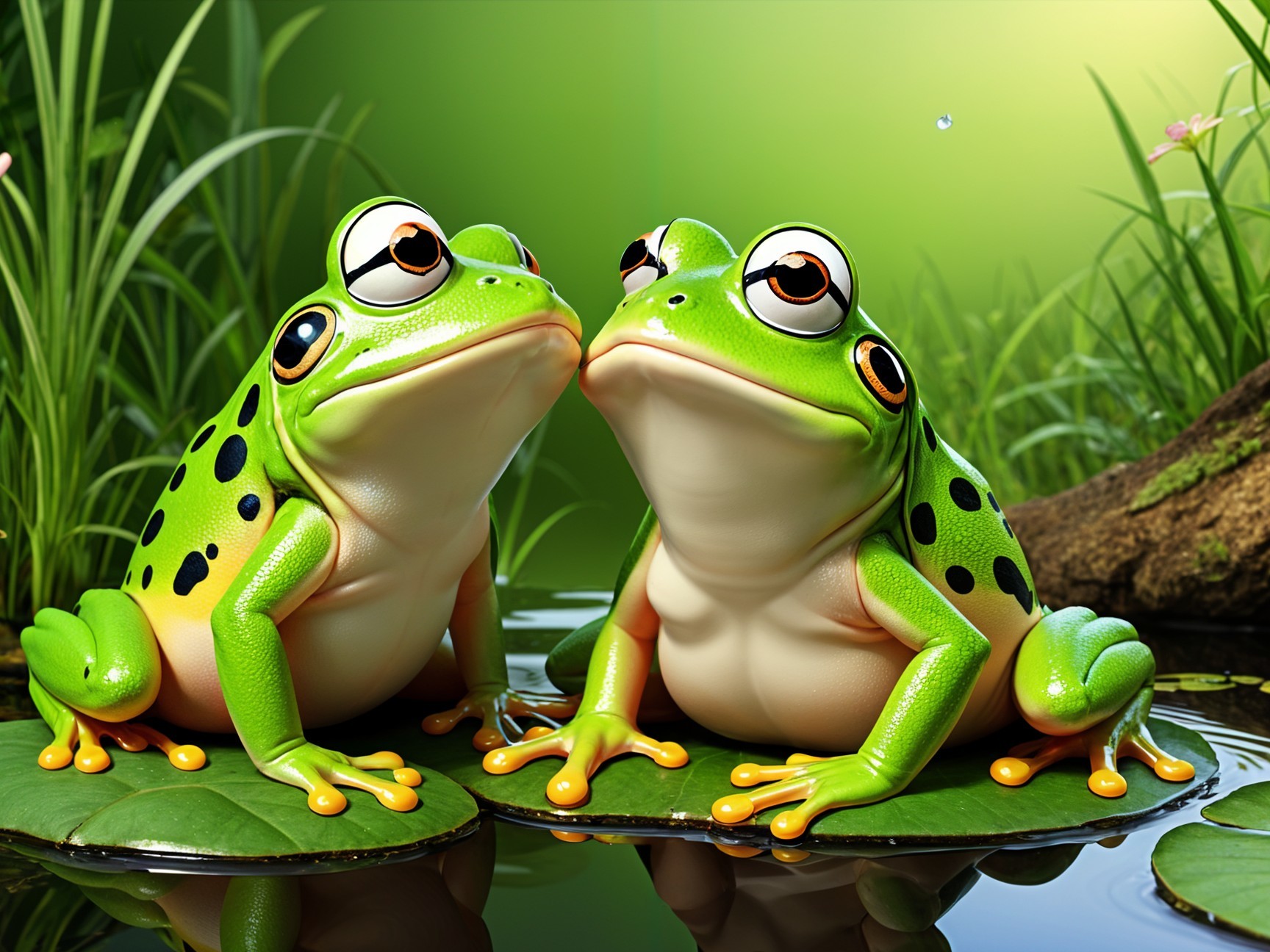 Cartoon Frogs on Lily Pads in Tranquil Pond Setting
