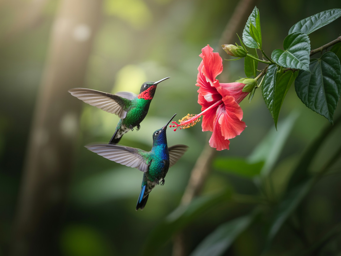 Hummingbirds and Hibiscus in Tropical Nature Scene
