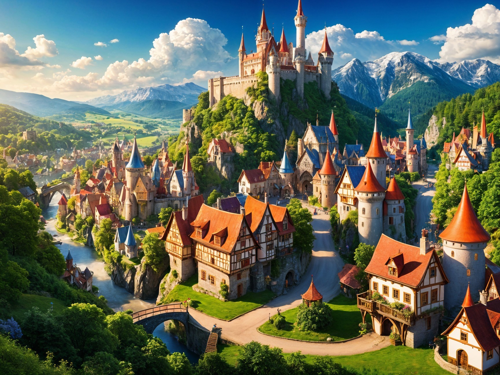 Medieval Village Surrounded by Hills and Mountains