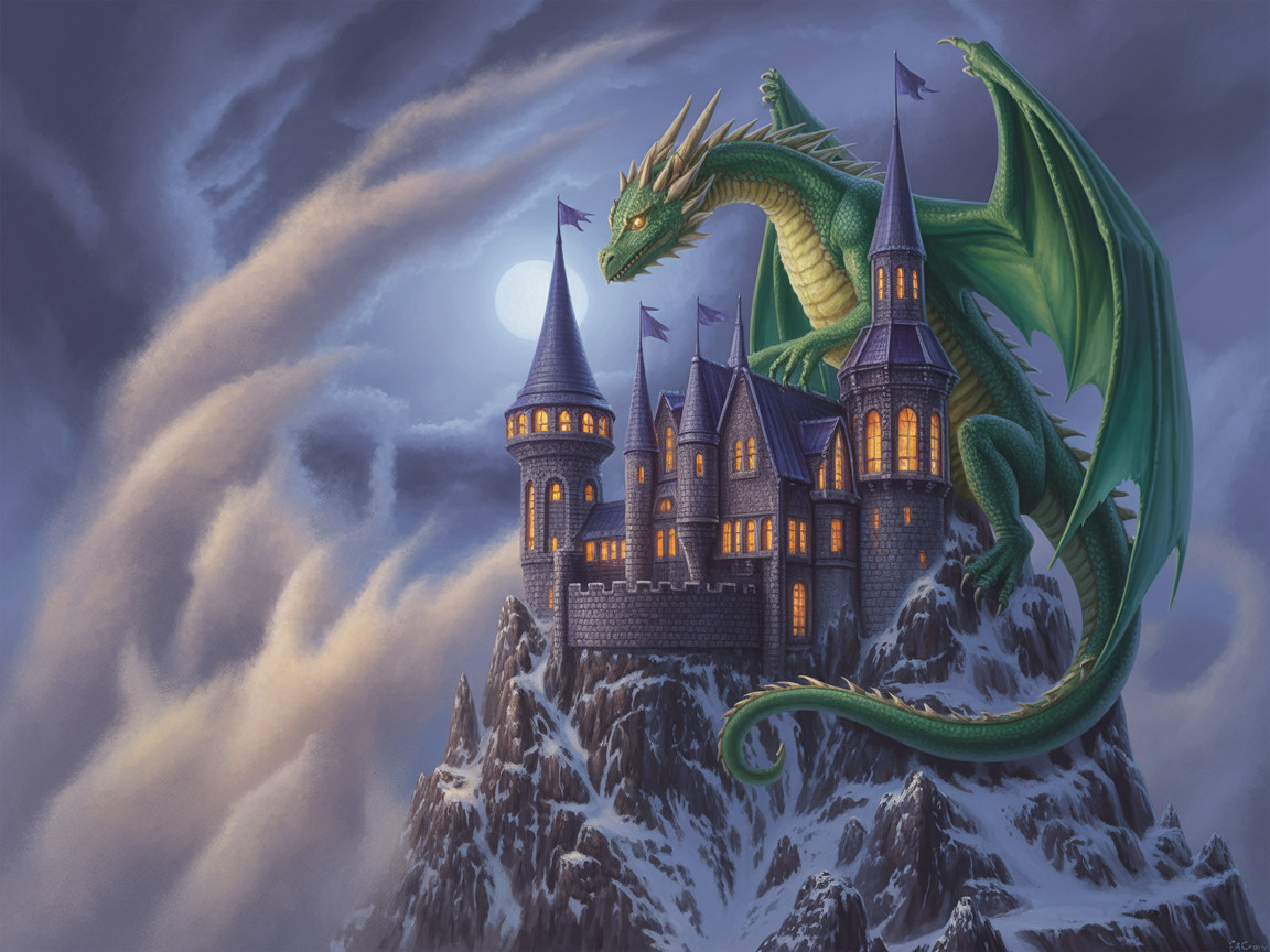 Green Dragon Overlooks Medieval Castle on Mountain
