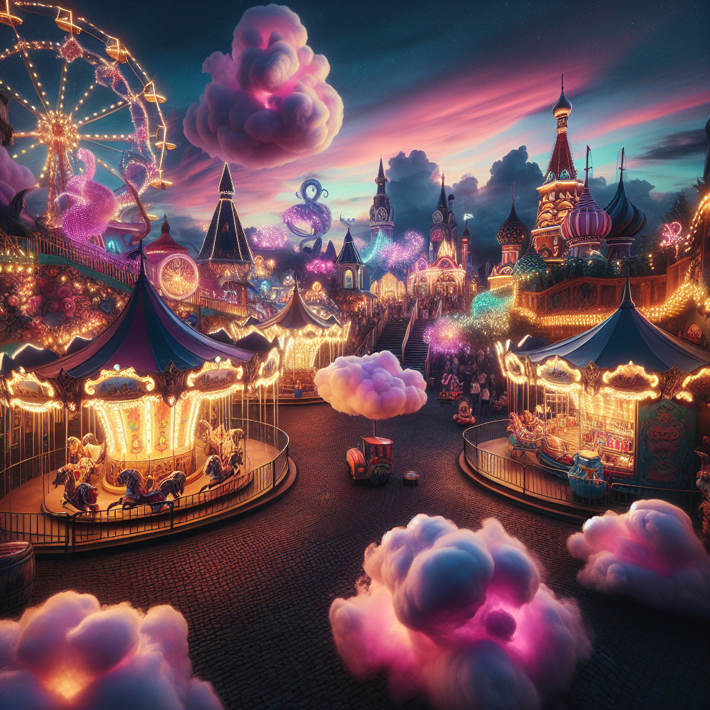 Whimsical Amusement Park at Twilight with Colorful Lights