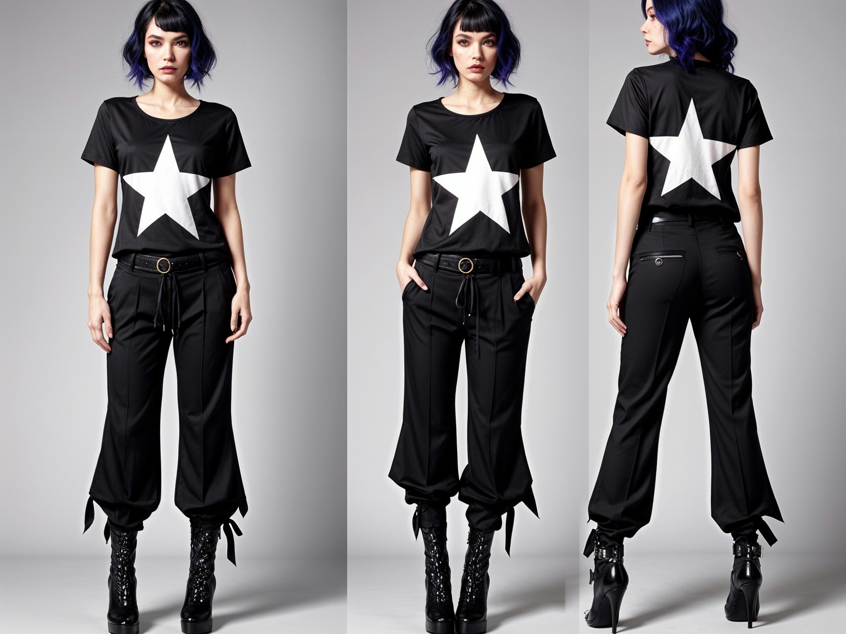 Stylish Black Outfit with Star T-Shirt and Tailored Pants
