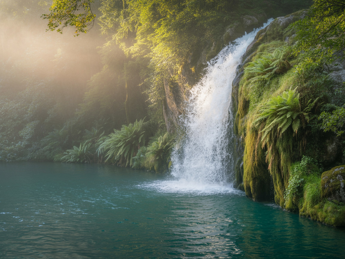Serene Waterfall Cascading into Turquoise Pool