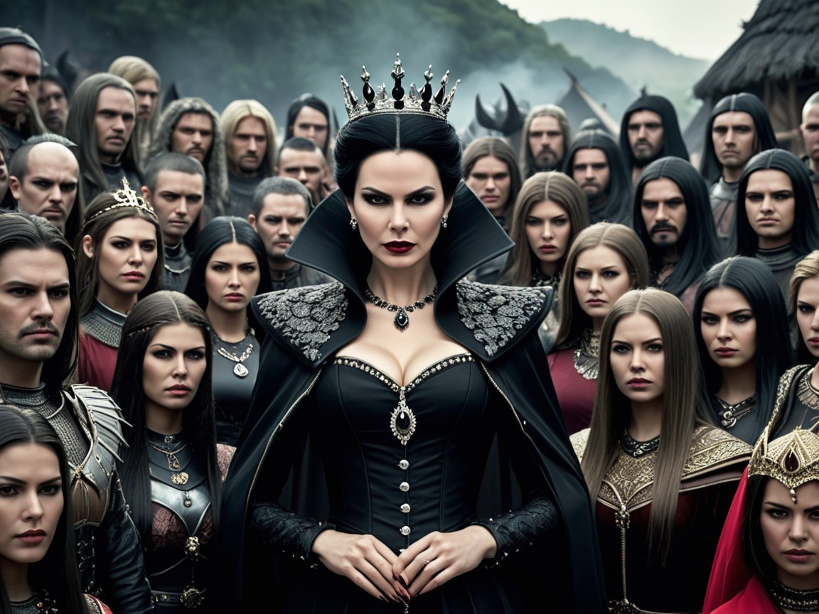 Regal Queen in Black Cape with Mystical Forest Background