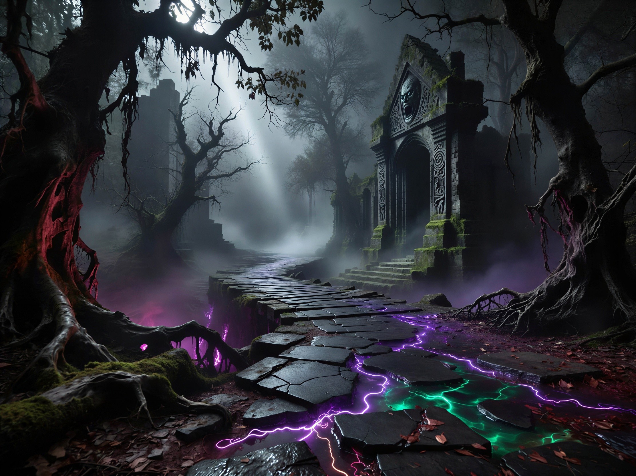 Dark Fantasy Forest Pathway with Mystic Atmosphere