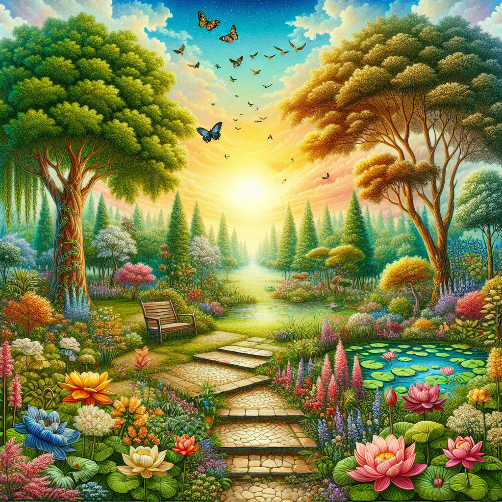 Vibrant garden scene with trees, flowers, and sunset