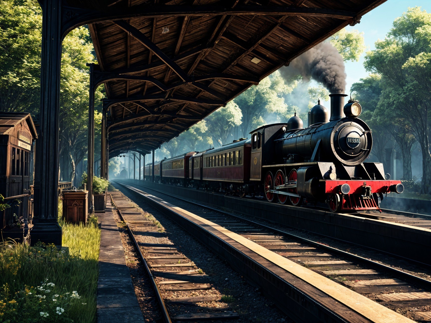 Vintage steam locomotive at a railway platform with trees