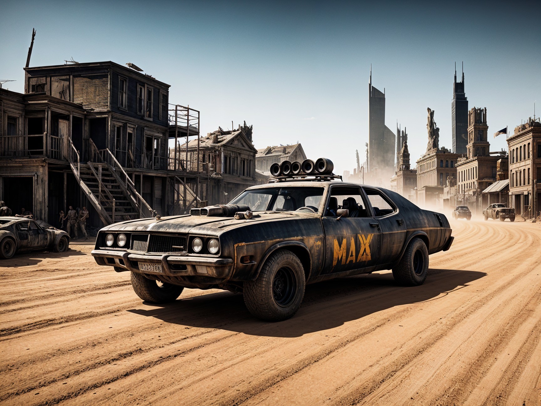 Rugged Car in Post-Apocalyptic Urban Landscape
