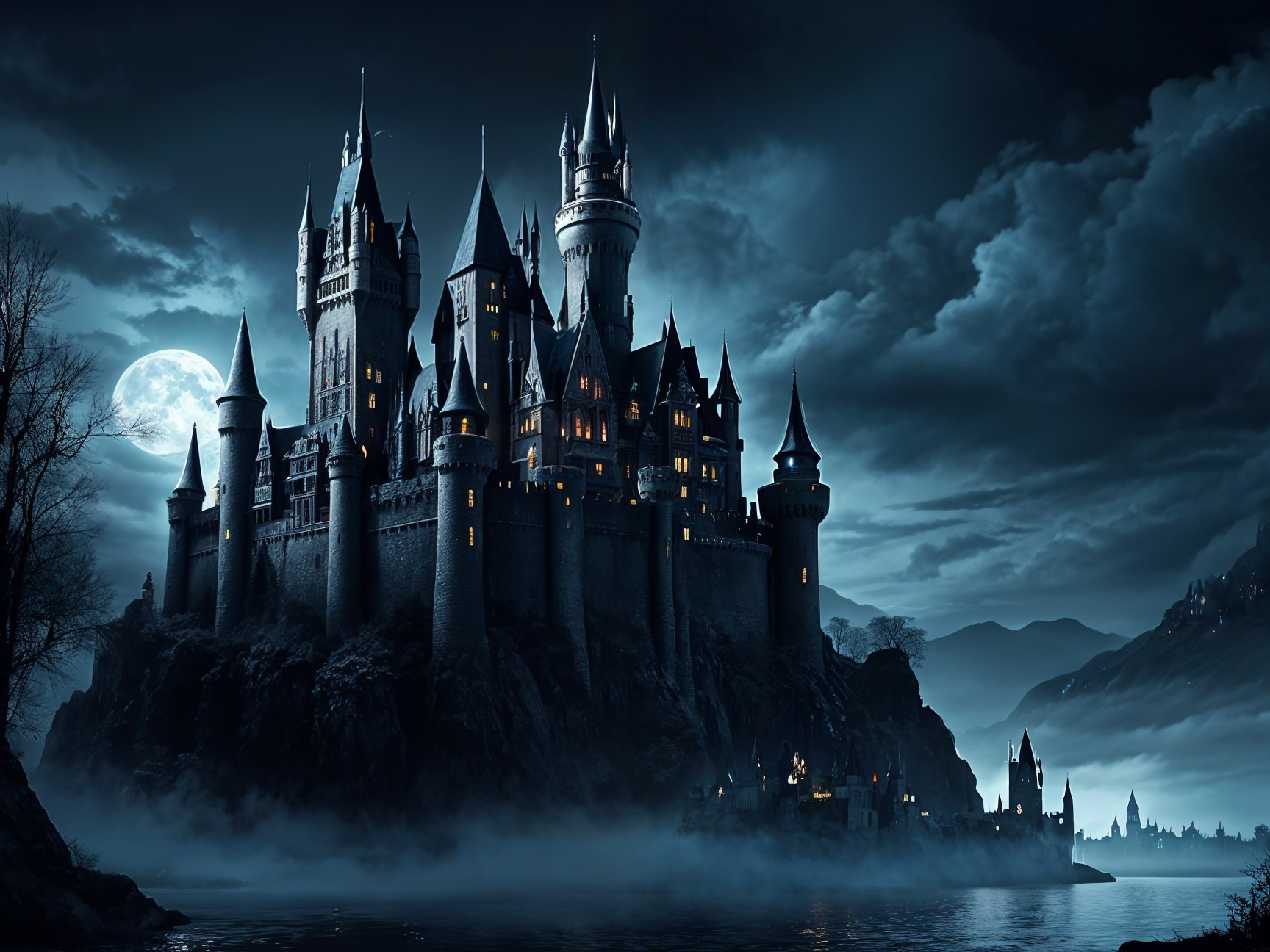 Mystical Castle Beneath the Moonlit Sky