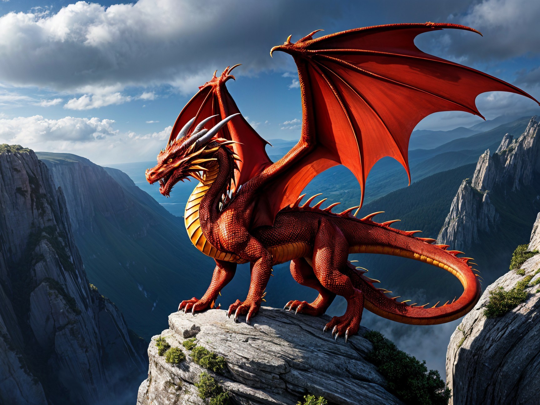 Majestic Red Dragon on Rocky Outcrop with Mountains
