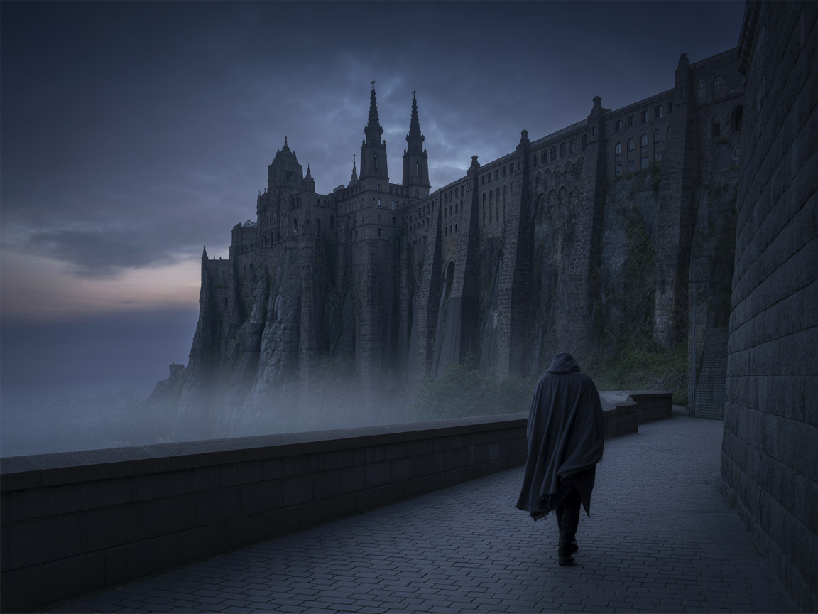 Cloaked Figure Walking by Castle in Twilight Mist