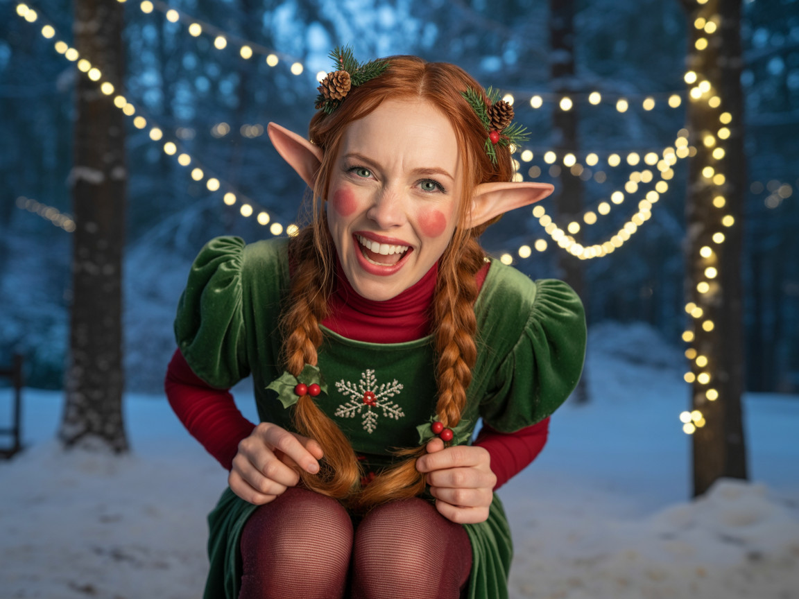 Cheerful Elf in Festive Dress in Winter Forest Setting