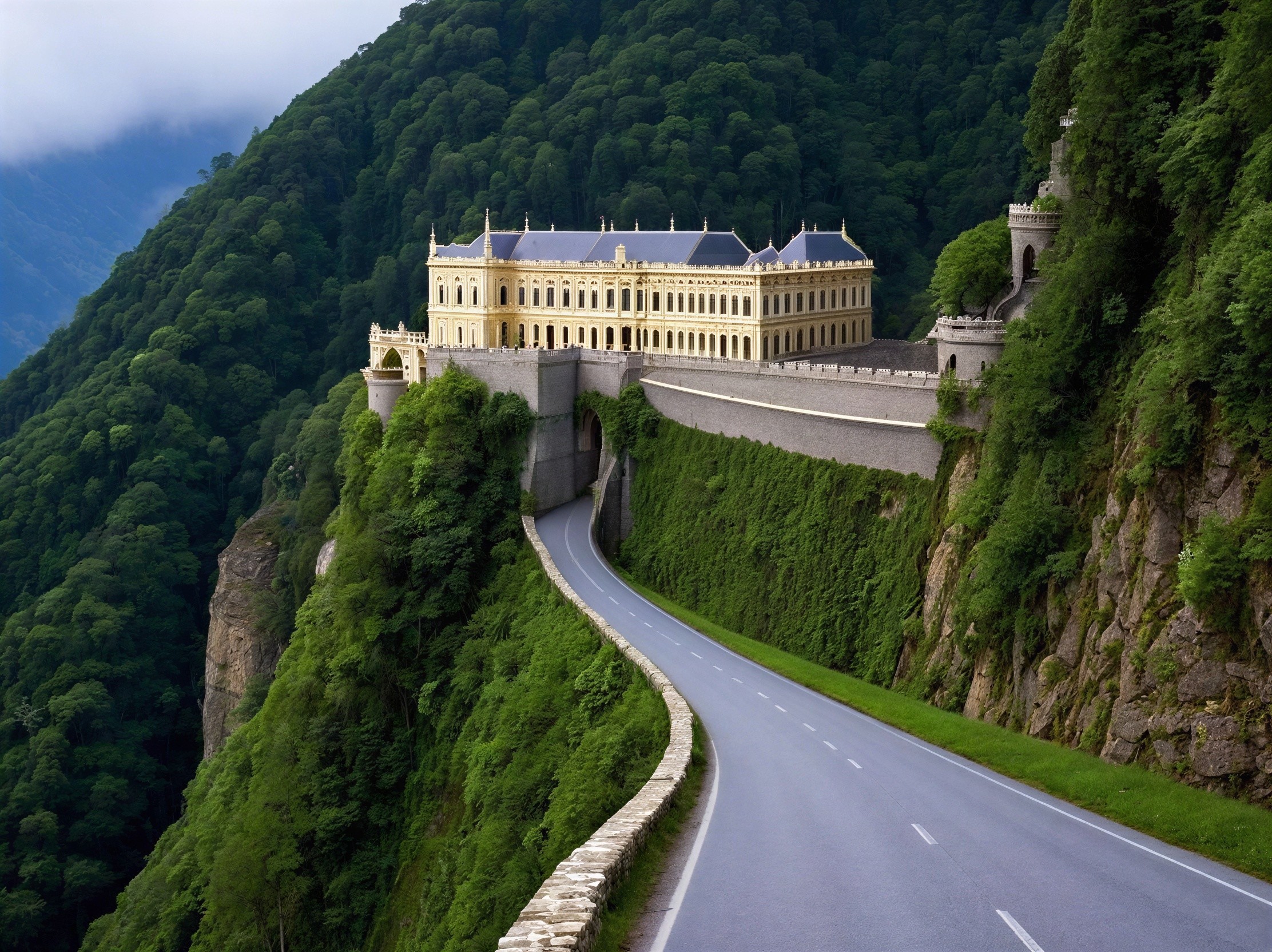 Aerial View of a Yellow Mansion on a Green Cliff