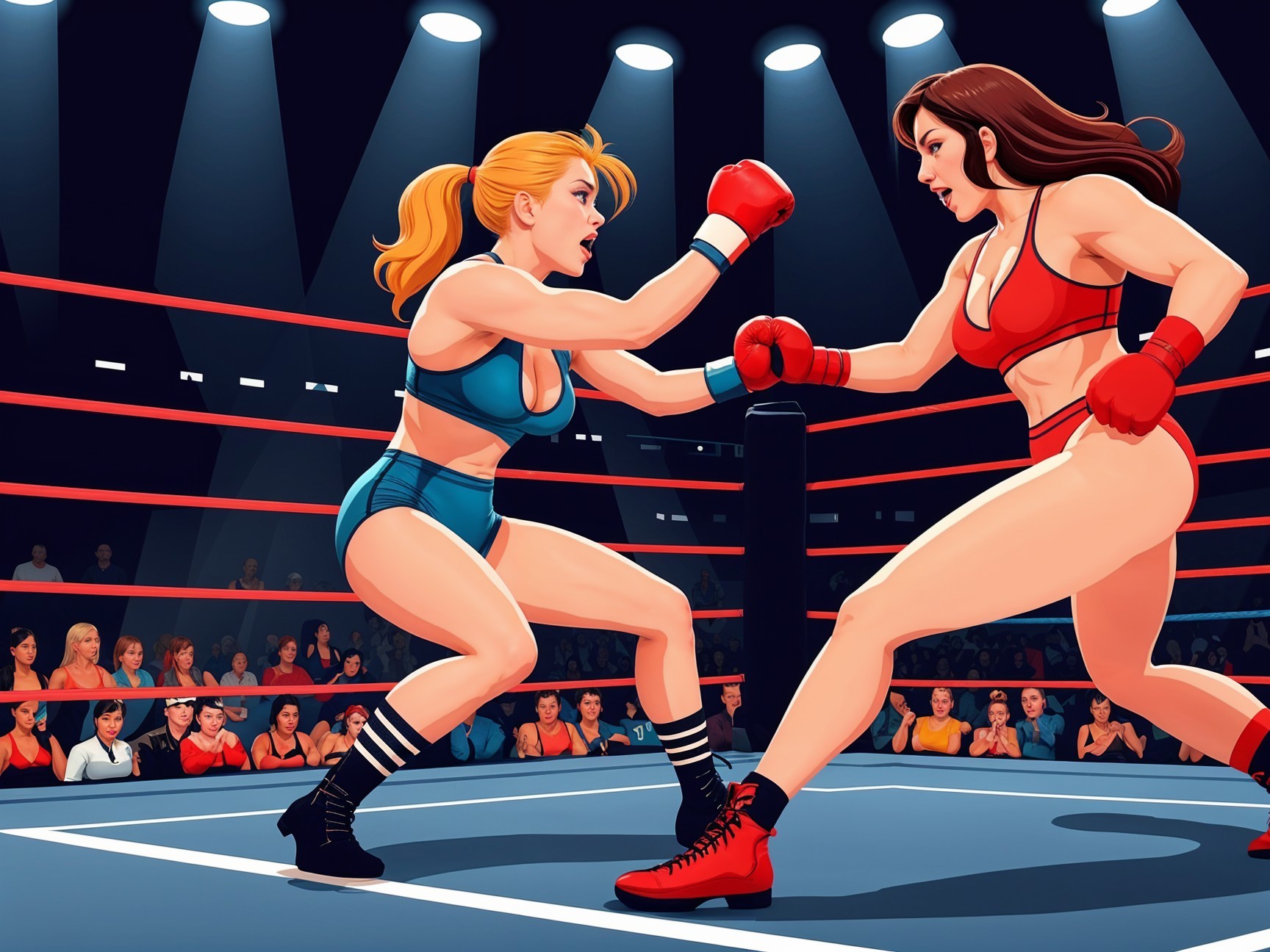 Intense Female Boxing Match in Brightly Lit Ring