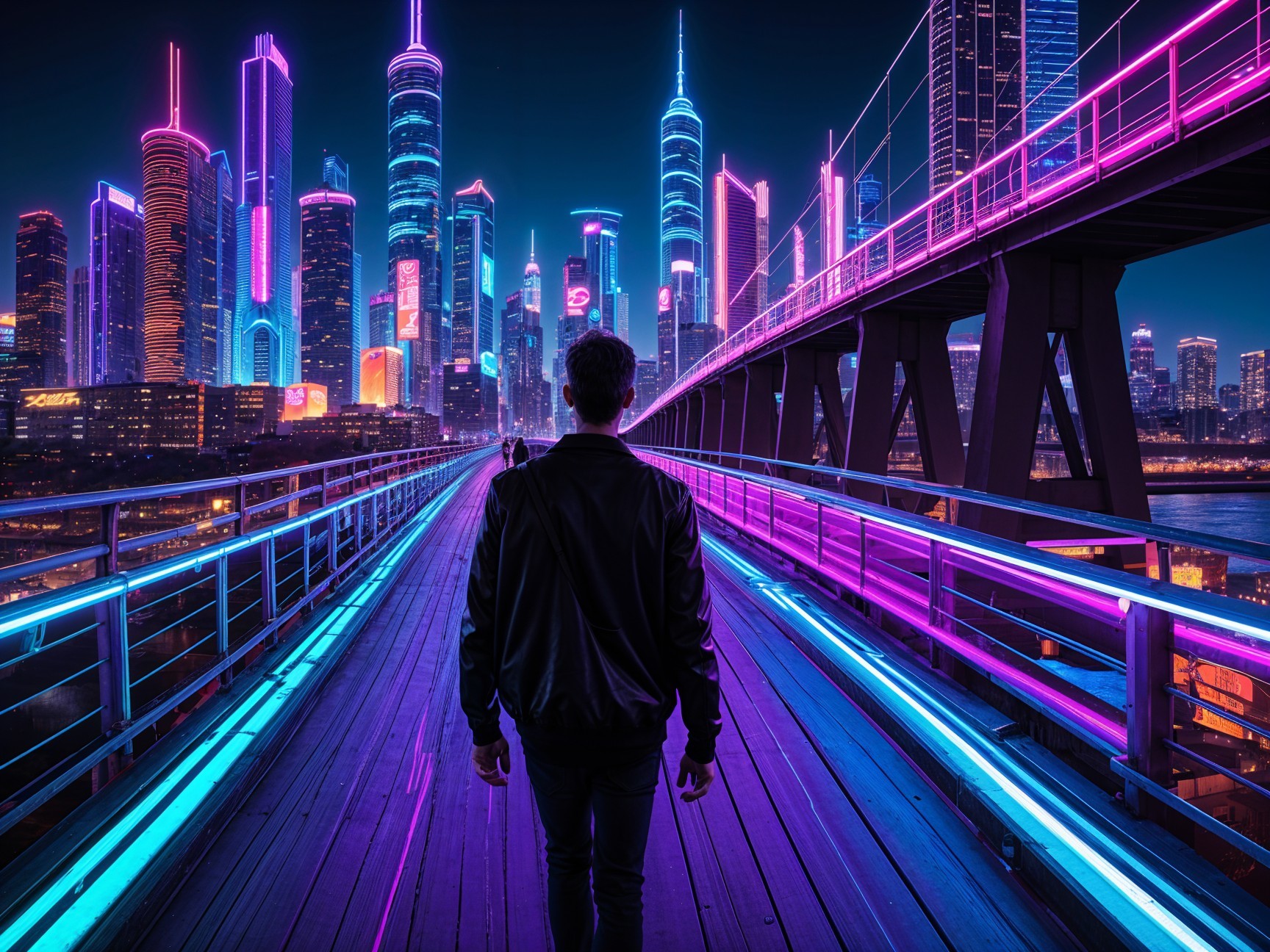 Silhouetted Figure on Neon-Lit Bridge in City Skyline