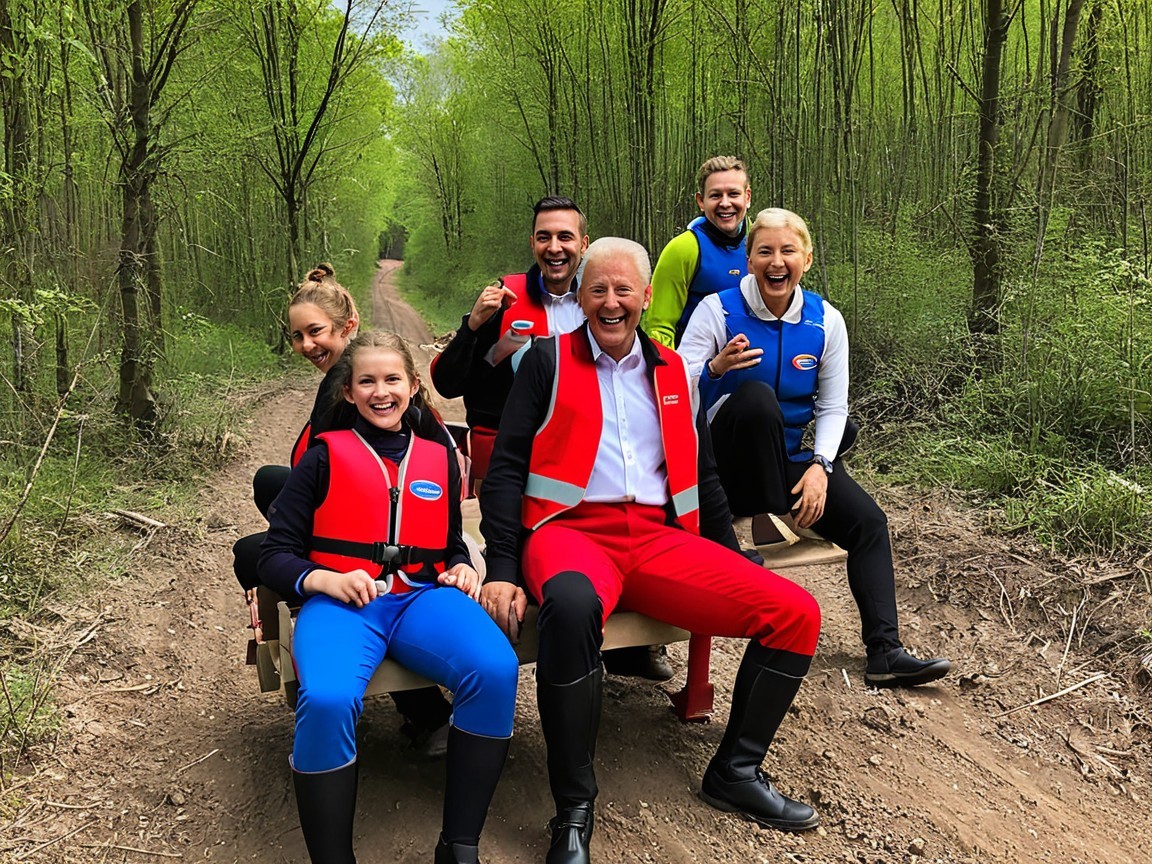 Group of six in vibrant sports attire on a cart
