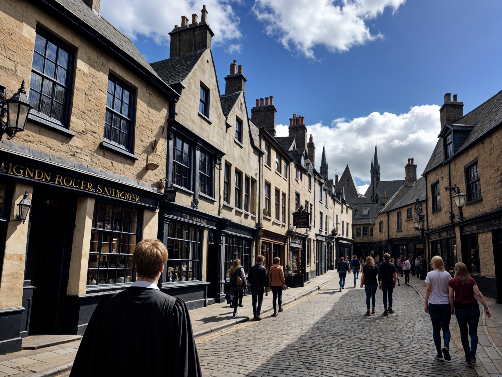 Historic Cobblestone Street with Shops and Eateries