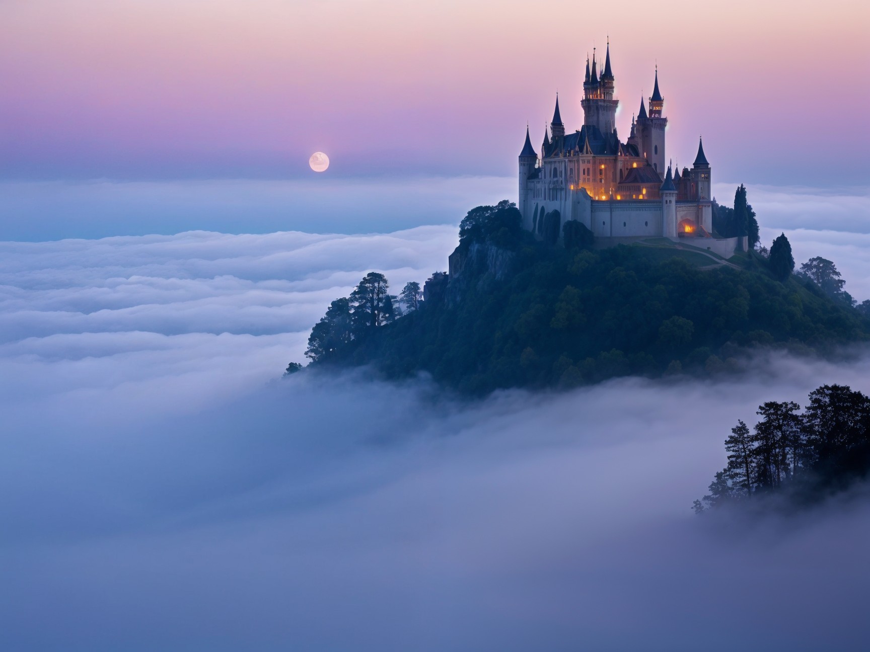 Majestic Castle on Misty Mountain Under Full Moon