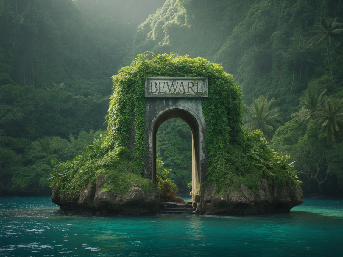 Lush Island with Stone Archway and Cliff Surroundings