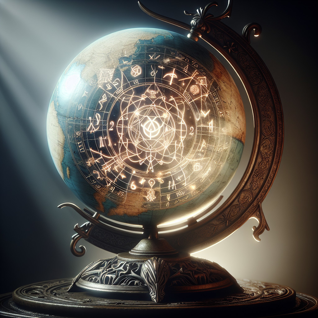 Ornate illuminated globe with celestial designs