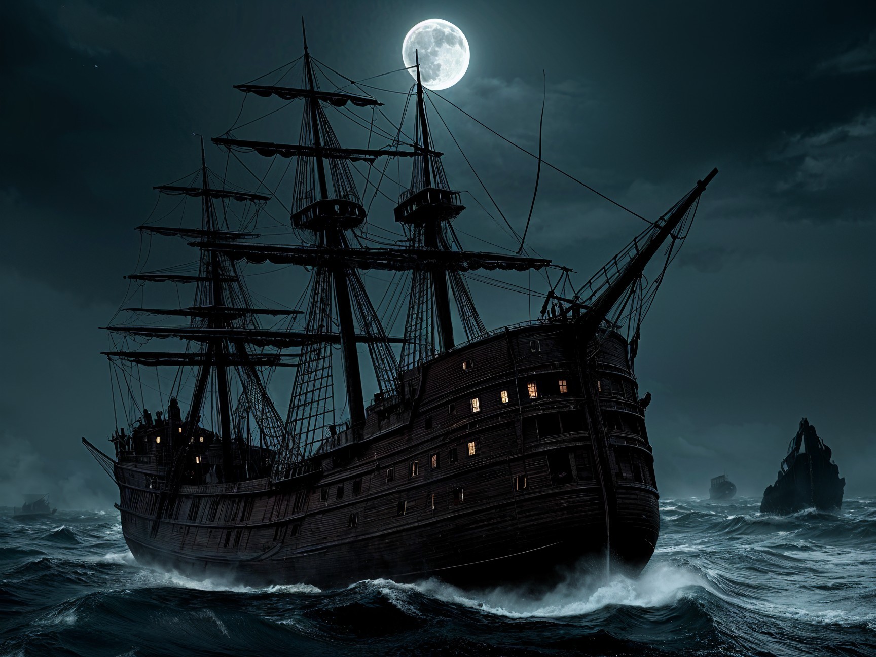 Old-fashioned ship sailing through turbulent waters at night