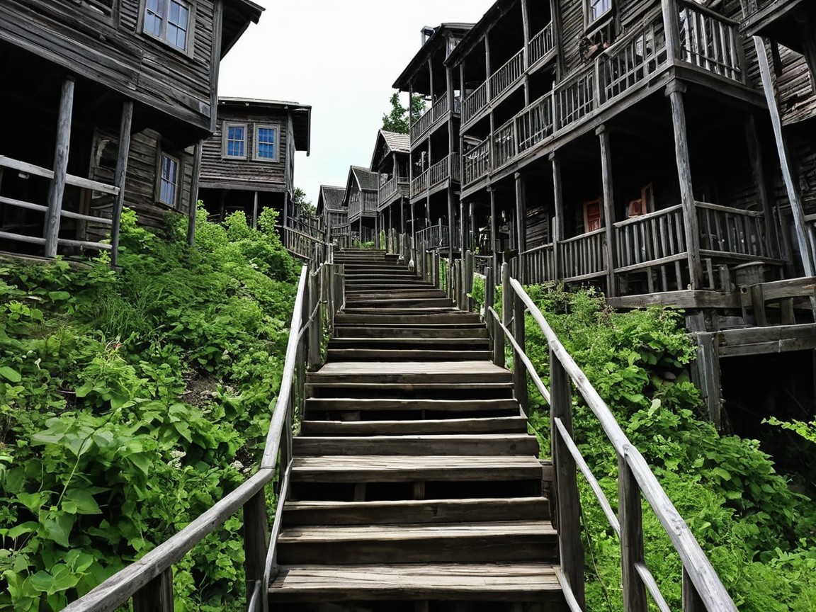 Winding Wooden Staircase in a Rustic Landscape