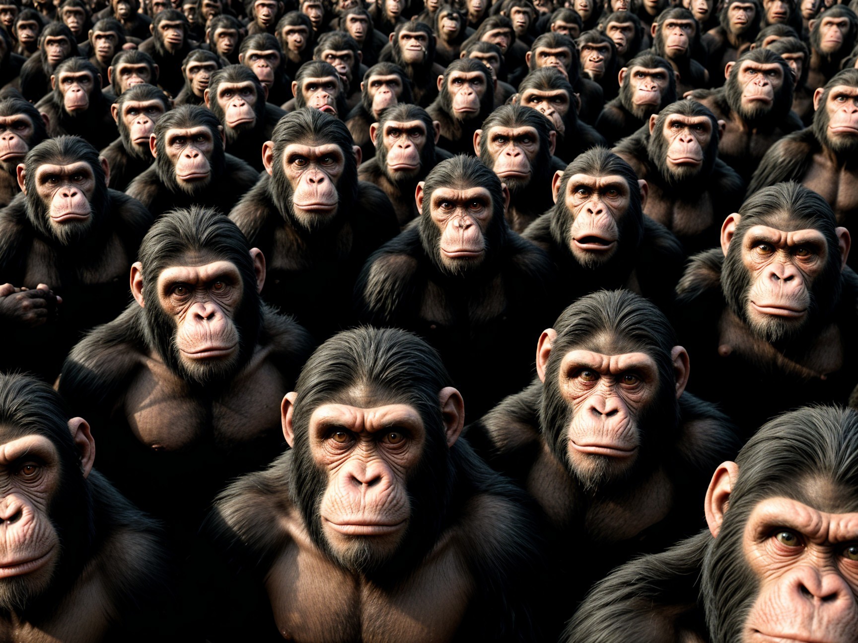 Dense Crowd of Hyper-Realistic Apes with Intense Expressions