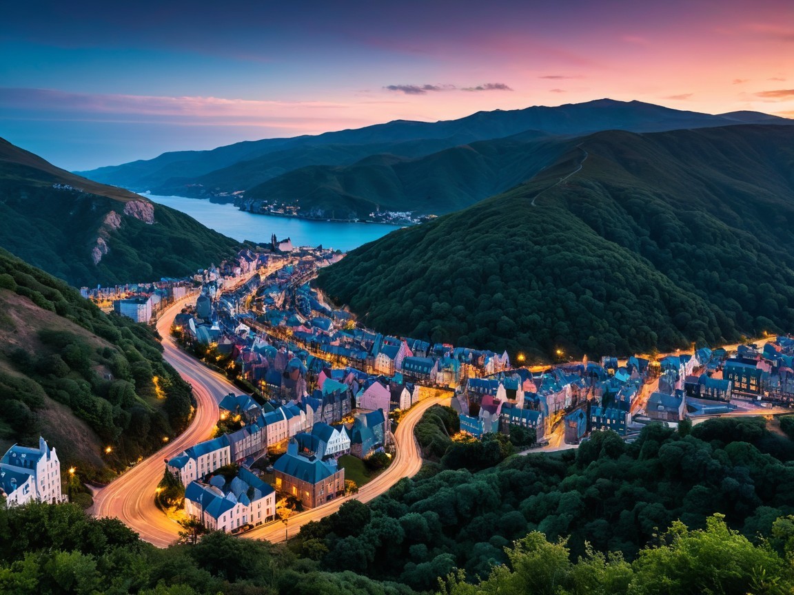 Twilight Landscape of a Coastal Town with Hills