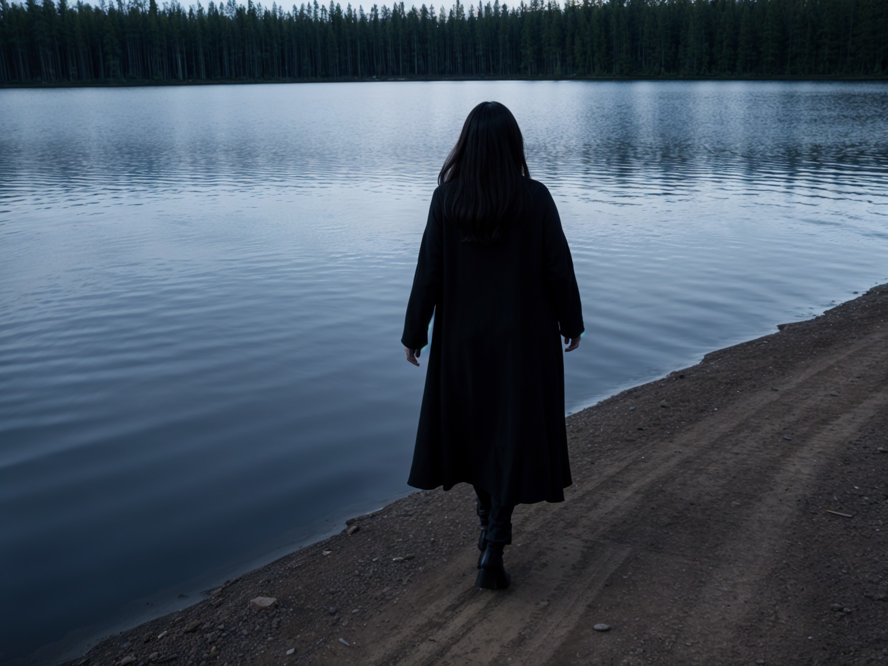 Figure in Black Coat by Calm Lake and Forest