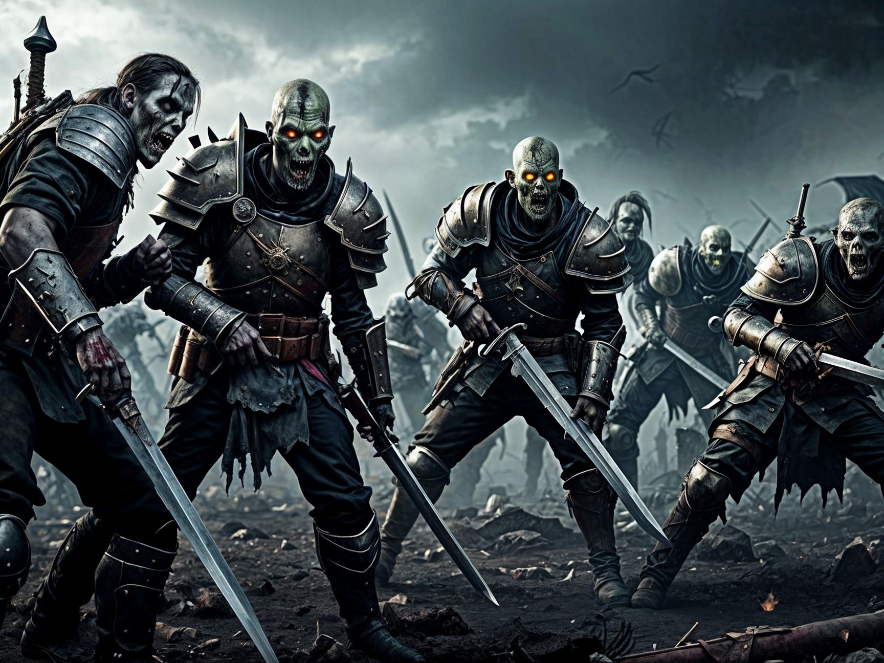 Armored Skeletal Warriors in a Stormy Landscape