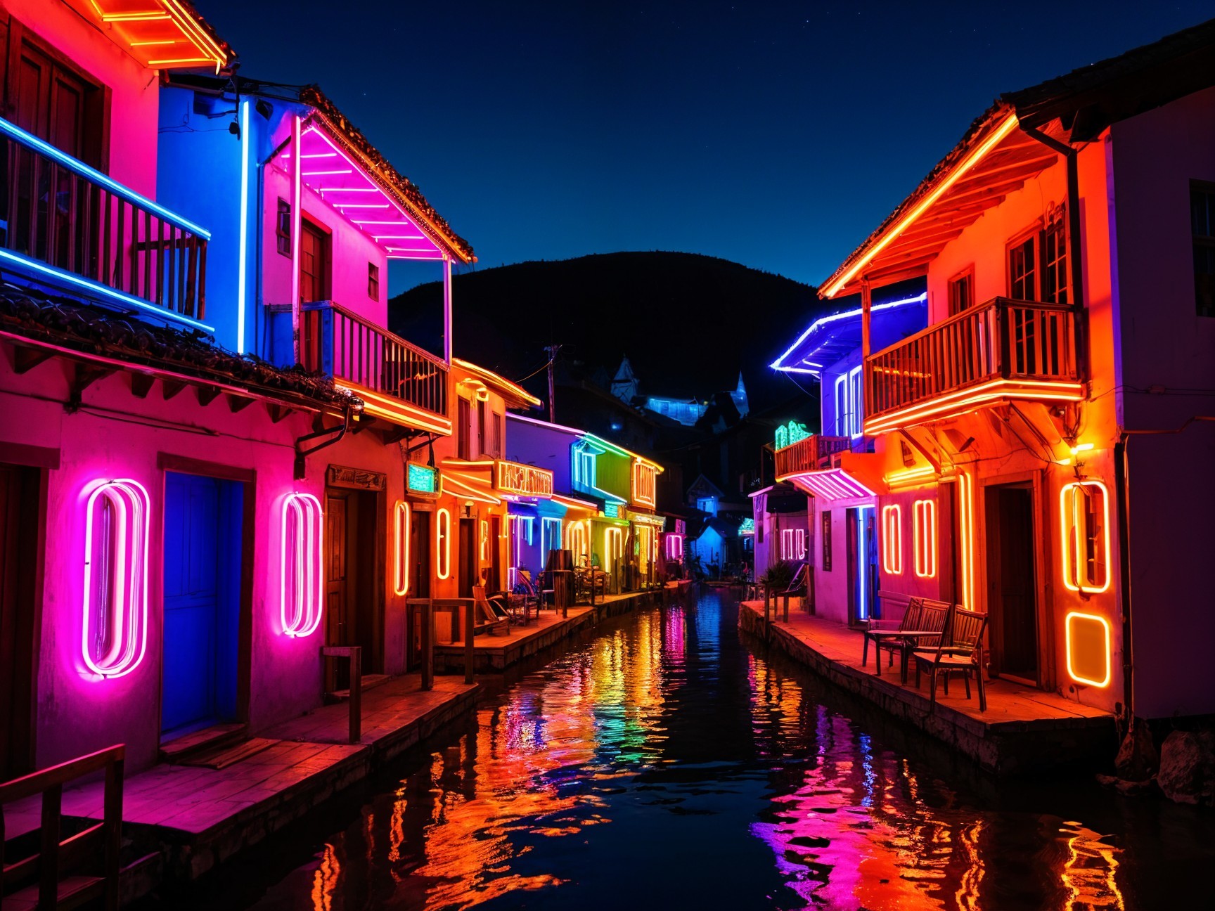 Vibrant Canal with Colorful Houses and Neon Lights