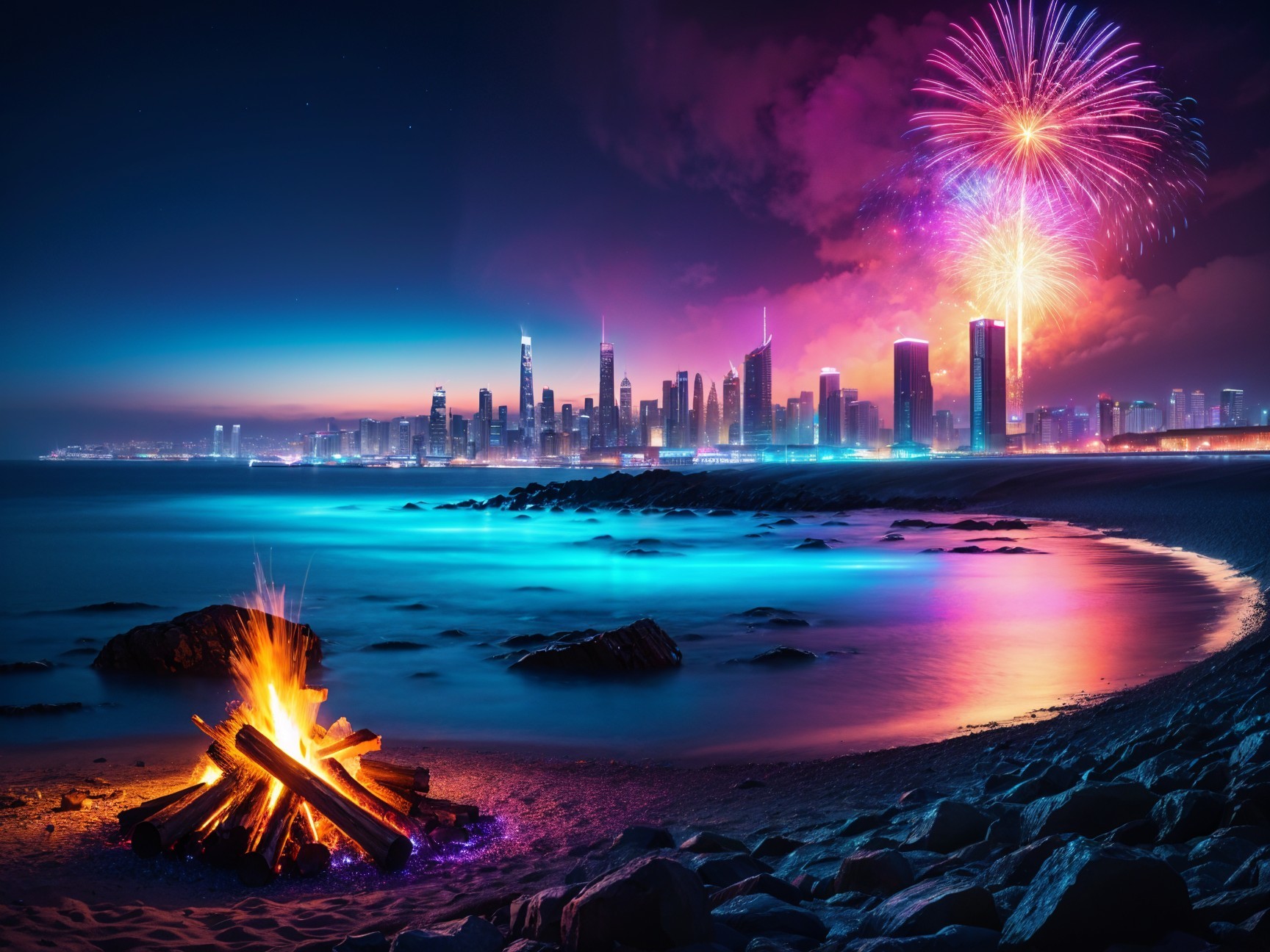 Vibrant Night Beach Scene with Bonfire and Fireworks