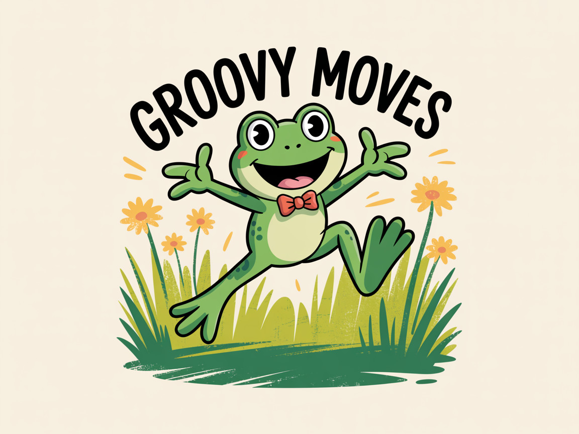 Cheerful cartoon frog among yellow daisies and grass
