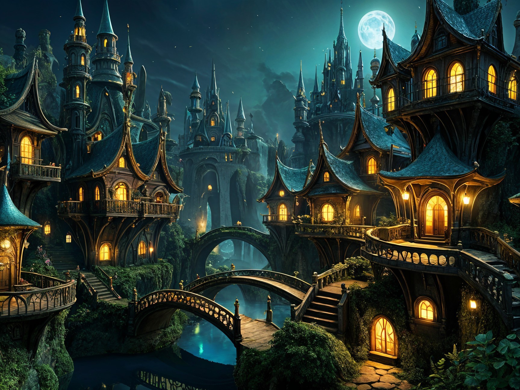 Whimsical Fantasy Village Under Moonlit Sky